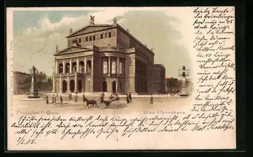 Lithographie Frankfurt a. Main, Opernhaus mit Pferdewagen