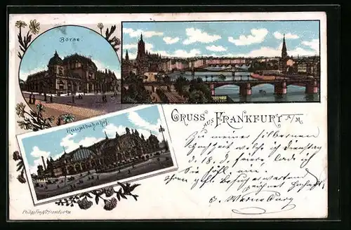 Lithographie Frankfurt a. Main, Teilansicht mit Brücken, Börse, Hauptbahnhof