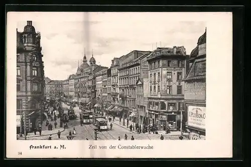 AK Frankfurt a. M., Zeil mit Geschäften und Strassenbahn von der Constablerwache aus