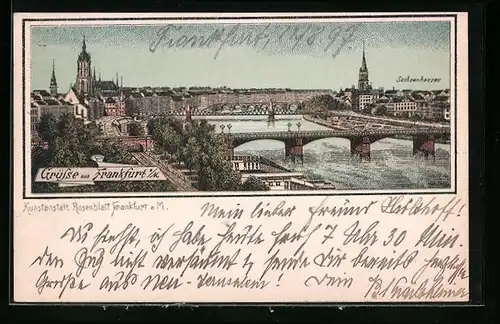 Lithographie Frankfurt a. M., Teilansicht mit Sachsenhausen und Brücken