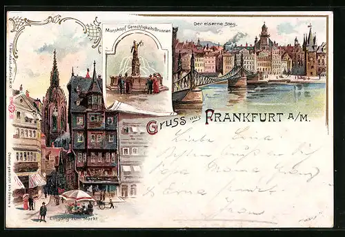 Lithographie Alt-Frankfurt, Eingang zum Markt, Manskopf Gerechtigkeitsbrunnen, Der eiserne Steg