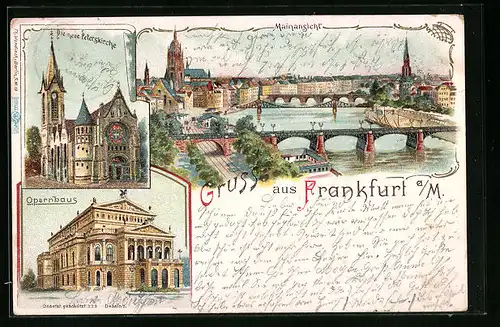 Lithographie Frankfurt a. M., Mainansicht, Opernhaus, Die neue Peterskirche