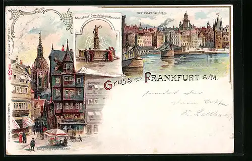 Lithographie Alt-Frankfurt, Eingang zum Markt, Manskopf Gerechtigkeitsbrunnen, Der eiserne Steg