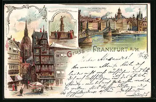 Lithographie Alt-Frankfurt, Eingang zum Markt, Manskopf Gerechtigkeitsbrunnen, Der eiserne Steg
