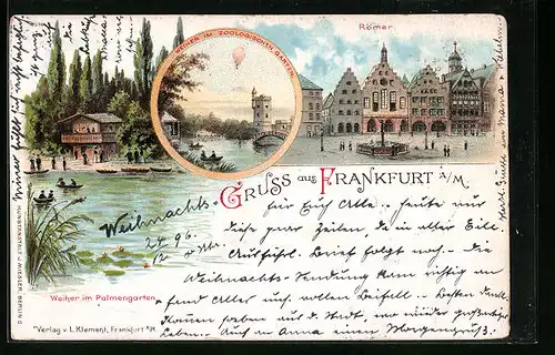 Lithographie Frankfurt a. M., Weiher im Palmengarten, Weiher im Zoologischen Garten, Römer