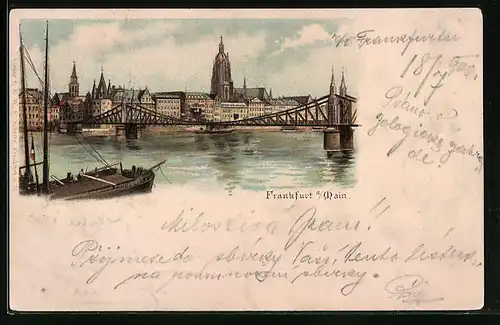Lithographie Alt-Frankfurt, Uferpartie mit Dom und Brücke