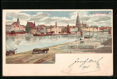 Lithographie Alt-Frankfurt, Uferpartie mit Dom und Brücke