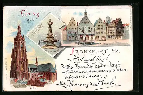 Lithographie Alt-Frankfurt, Dom, Römer, Stoltze-Denkmal