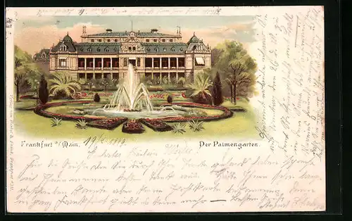 Lithographie Frankfurt-Westend, Palmengarten mit Fontäne