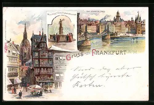 Lithographie Alt-Frankfurt, Eingang zum Markt, Manskopf Gerechtigkeitsbrunnen, Der eiserne Steg