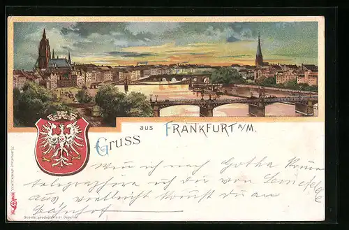 Lithographie Alt-Frankfurt, Teilansicht mit Dom und Brücken, Wappen