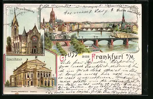 Lithographie Frankfurt a. M., Mainansicht, Opernhaus, Die neue Peterskirche
