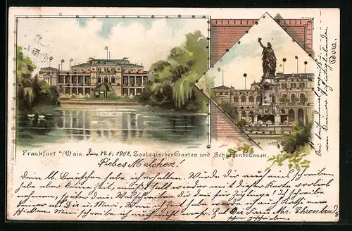 Lithographie Frankfurt-Ostend, Zoologischer Garten und Schützenbrunnen