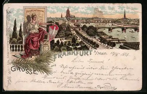 Lithographie Alt-Frankfurt, Teilansicht mit Dom und Brücken, Frau mit Wappen
