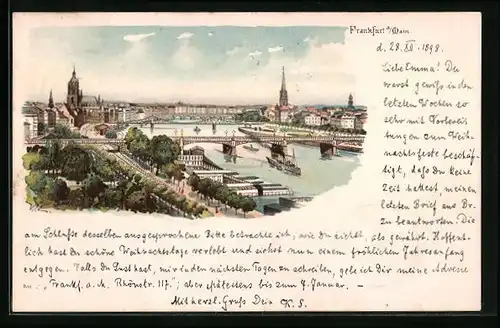 Lithographie Alt-Frankfurt, Teilansicht mit Dom und Brücken