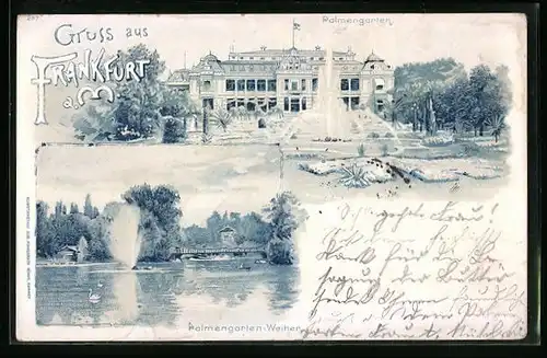 Lithographie Frankfurt-Westend, Palmengarten, Weiher