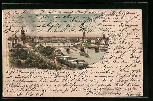 Lithographie Alt-Frankfurt, Teilansicht mit Dom und Brücken