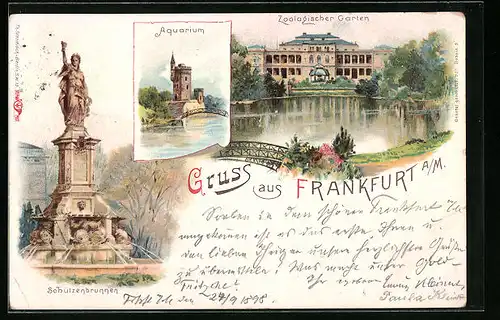 Lithographie Frankfurt-Ostend, Zoologischer Garten, Aquarium, Schützenbrunnen