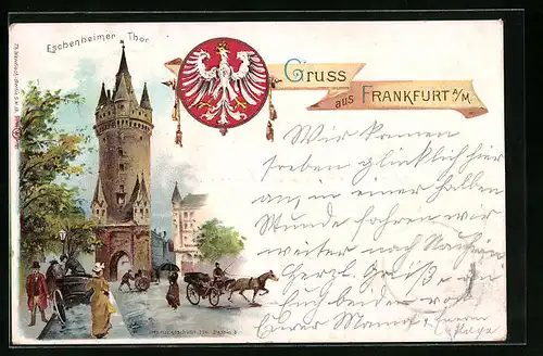 Lithographie Frankfurt a. M., Eschenheimer Tor mit Pferdewagen, Wappen