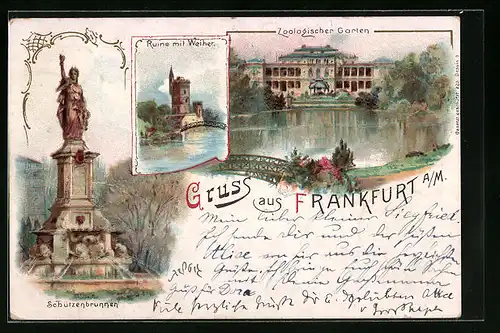 Lithographie Frankfurt-Ostend, Zoologischer Garten, Ruine mit Weiher, Schützenbrunnen