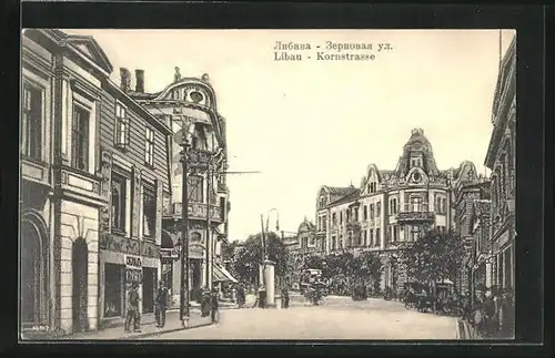 AK Libau, Kornstrasse mit Ladenzeile