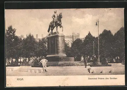 AK Riga, Ortspartie mit Denkmal Peters des Grossen