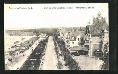 AK Swinemünde, Blick vom Konversationshaus auf Promenade und Strand