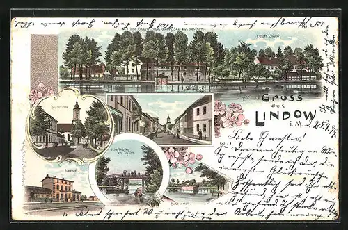 Lithographie Lindow i. M., Amt Lindow vom Wootz-See aus geseehn mit Kloster, Stadtkirche, Bahnhof