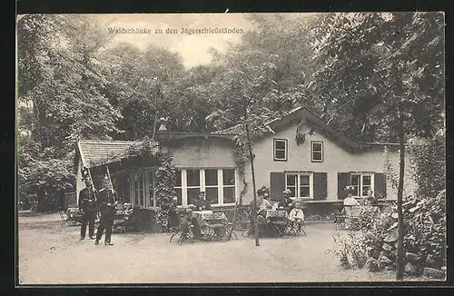 AK Potsdam, Gasthaus Waldschänke zu den Jägerschiessständen mit Soldaten