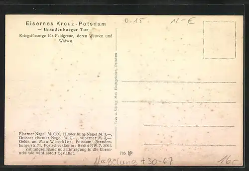 AK Potsdam, Brandenburger Tor, Eisernes Kreuz, Nagelung, Kriegshilfe