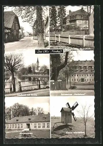 AK See, Dorfstrasse, Dorfteich mit Kirche, Kindergarten, Polytechnische Oberschule, Sanatorium Heideland, Windmühle