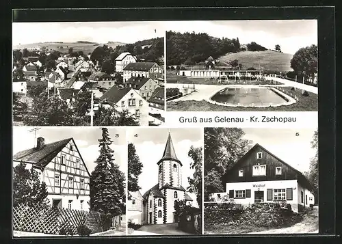AK Gelenau, Ortsansicht, Freibad, Fachwerkhaus, Kirche, Ausflugsgaststätte Waldhof