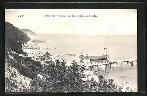 AK Sellin, Strandpanorama mit Landungsbrücke und Bäder