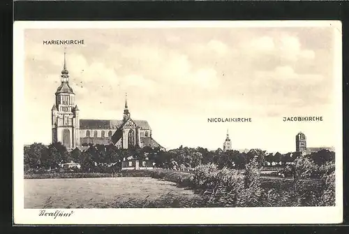 AK Stralsund, Blick auf Marienkirche, Nicolaikirche und Jacobikirche