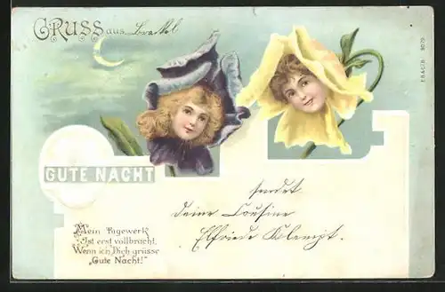 AK Gute Nacht, zwei Blüten mit Mädchenköpfen, Metamorphose