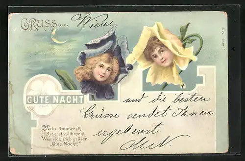 AK Gute Nacht, zwei Blüten mit Mädchengesichtern, Metamorphose