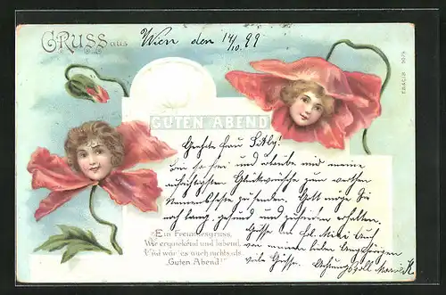 AK Guten Abend, zwei schöne Blüten mit Mädchenköpfen, Metamorphose