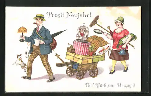 Lithographie Viel Glück zum Umzuge, Paar mit Bollerwagen und Hausrat