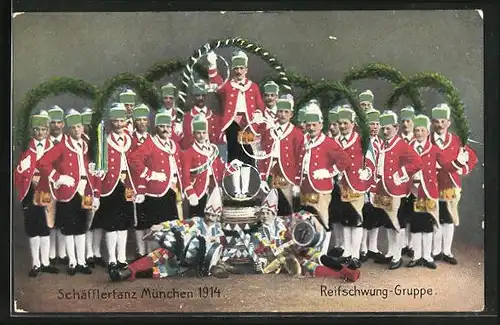 AK Der Schäfflertanz in München 1914, Mitglieder der Reifschwung-Gruppe in Kostümen