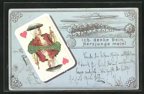 AK Ich denke Dein, Herzjunge mein!, Spielkarte Herz-Bube