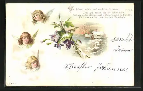 AK Er führet mich auf rechter Strasse., hübsche Engelsgesichter, Landschaftsbild