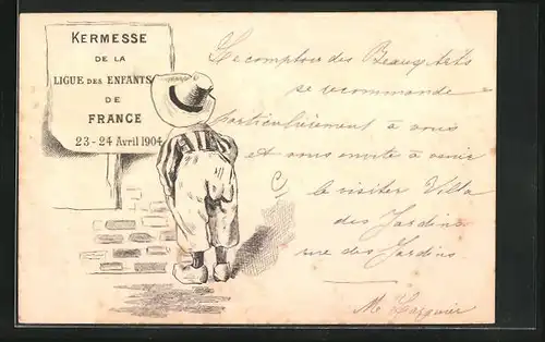 AK Kermesse de la Ligue des Enfants de France 1904, Bube blickt auf ein Schild