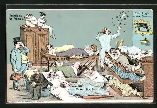 AK Nachtlogis für Fremde, Menschen schlafen in allen möglichen Stellungen