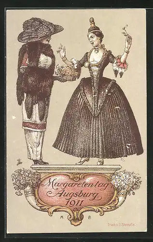Künstler-AK Augsburg, Margaretentag 1911, Frau schenkt einem Fräulein einen Blumenkorb