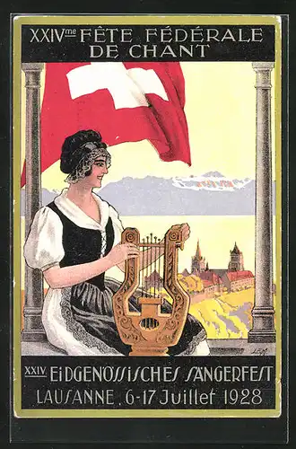 Künstler-AK Lausanne, XXIV. Eidgen. Sängerfest 1928, Schweizerin mit Lyra und Flagge am Stadtrand sitzend