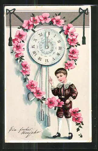 Lithographie Ein frohes Neujahr, Knabe an der Uhr mit Blumengirlande