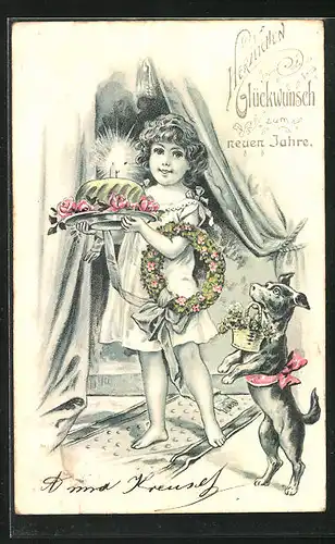Lithographie Herzlichen Glückwunsch zum neuen Jahre, Kind mit Kuchen und Hund mit Blumenkorb