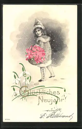 Lithographie Glückliches Neujahr!, Mädchen im Schneegestöber mit Blumenkorb