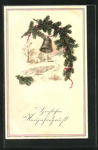 Lithographie Herzlichen Neujahrsgruss, Winterlandschaft und Glöckchen