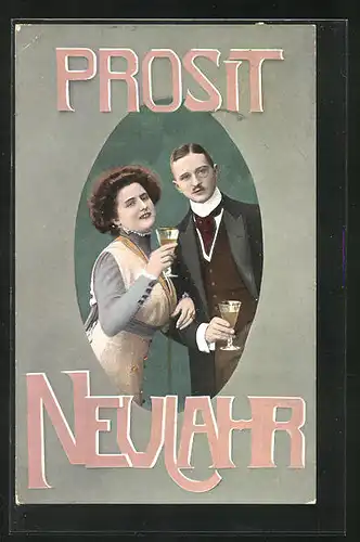 AK Prosit Neujahr, Elegantes Paar mit Sektgläsern